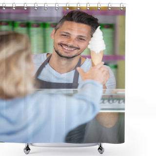 Personality  Confectioner Selling Ice Cream To Young Woman In The Shop Shower Curtains