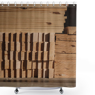 Personality  Close Up View Of Arranged Wooden Planks At Wooden Workshop Shower Curtains