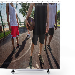 Personality  Cropped View Of Man Holding Basketball Ball Near African American Friends Outdoors  Shower Curtains