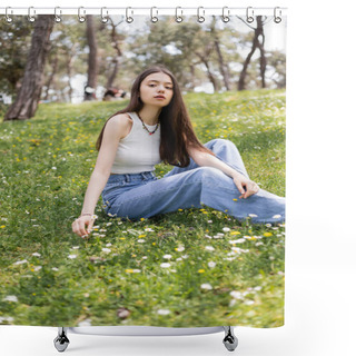 Personality  Young Woman In Casual Clothes Looking At Camera While Sitting On Meadow With Flowers In Park Shower Curtains