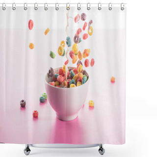 Personality  Bright Multicolored Breakfast Cereal In Bowl With Milk Splash On Pink Background Shower Curtains