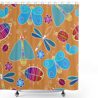 Personality  Cute Cartoon Insect Set. Dragonflies, Butterflies And Bugs. Vector Seamless Pattern. Shower Curtains