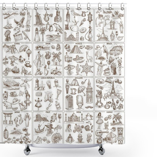 Personality  Landmarks Traveling And Tourism Sketches Vector USA And UAE Turkey And Thailand China And Spain Mexico And Brazil Canada And Czech Republic England And France Japan And Italy India And Hawaii Shower Curtains