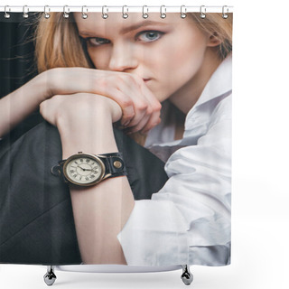 Personality  Girl With Vintage Watch On Hand Shower Curtains