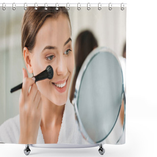 Personality  Close-up View Of Beautiful Brunette Girl Applying Makeup And Looking At Mirror  Shower Curtains