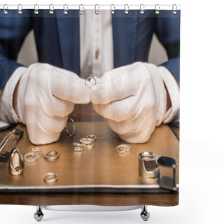 Personality  Cropped View Of Jewelry Appraiser Holding Jewelry Ring Near Board And Magnifying Glass On Table Isolated On Grey Shower Curtains