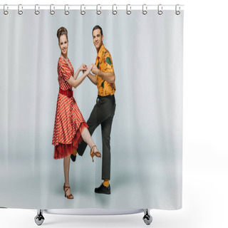 Personality  Stylish Dancers Looking At Camera While Dancing Boogie-woogie On Grey Background Shower Curtains