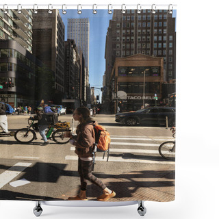 Personality  NEW YORK, USA - OCTOBER 11, 2022: Woman Walking On Street In Manhattan District  Shower Curtains
