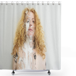 Personality  Extraordinary Artistic Portrait Of Sexy Mature Redhead Woman, Face Symmetrical Mirrored In Black And White Color Painted Decorative. Creative Expressive Abstract Bodypainting Art, Copy Space Shower Curtains