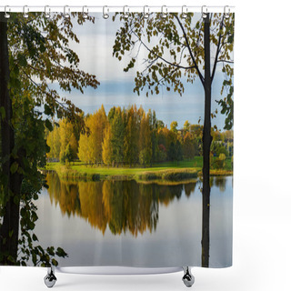 Personality  Tranquil Autumn Lake With Reflections Of Trees With Colorful Foliage Viewed Past A Trees Branches And Leaves Shower Curtains