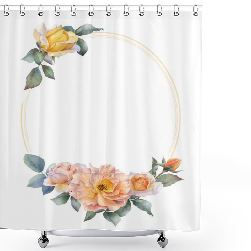 Personality  Picturesque Oval Frame With Yellow And Tea Roses, Rosebuds And Leaves Hand Drawn In Watercolor Isolated On A White Background. Floral Botanical Illustration For Wedding Invitations, Greeting Cards  Shower Curtains