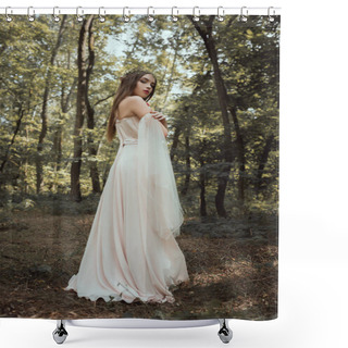 Personality  Attractive Mystic Elf Posing In Elegant Dress In Forest Shower Curtains