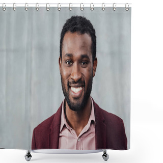 Personality  Portrait Of Smiling African American Casual Businessman On Grey Background Shower Curtains