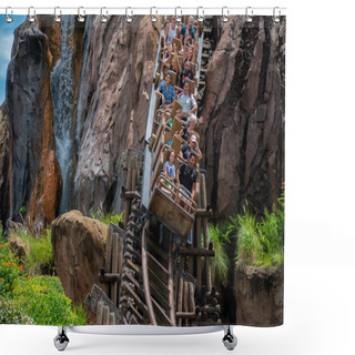 Personality  Orlando, Florida. August 14, 2019. People Having Fun Expedition Everest Rollercoaster In Animal Kingdom At Walt Disney World (35). Shower Curtains