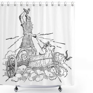 Personality  Thor Riding His Brass Chariot Drawn By His Goats, Tooth-cracker And Tooth-gnasher. He Is Seen Carrying His Red Hot Iron Hammer. Thor Is Believed To Be The Norse God Of Thunder, Vintage Line Drawing Or Engraving Illustration. Shower Curtains