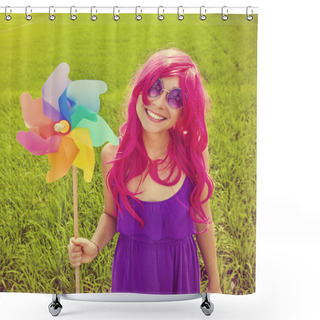 Personality  Happy Woman In Pink Wig   Shower Curtains