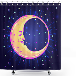Personality  Vector Drawing Of The Moon With Human Face Over Night Sky Backgr Shower Curtains