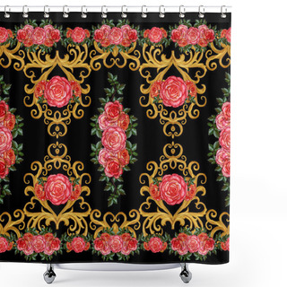 Personality  Pattern, Seamless, Floral Border.Garland Of Flowers. Beautiful Bright Orange Rose, Buds, Red Leaves, Rough Cloth, Canvas. Golden Curls, Shiny Tracery Weave. Vintage Old Background. Shower Curtains