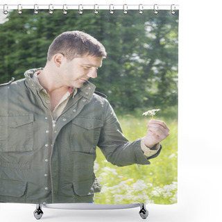 Personality  Man Standing In A Meadow Shower Curtains