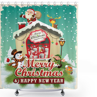 Personality  Vintage Christmas Poster Design With Santa Claus, Snowman, Elf & Deer Shower Curtains