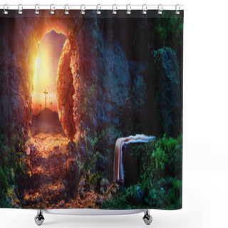 Personality  Crucifixion At Sunrise - Empty Tomb With Shroud - Resurrection Of Jesus Christ Shower Curtains