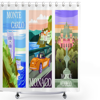 Personality  Set Of Travel Destination Posters. Landscapes Of Monaco And Monte Carlo With Beach, Historical Landmarks And Cityscape. Tourism And Vacation. Cartoon Flat Vector Illustrations Isolated On Background Shower Curtains