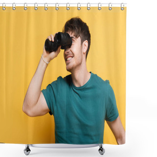 Personality  Handsome Smiling Man Looking Through Binoculars On Yellow Shower Curtains