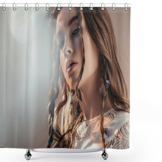 Personality  Attractive Bohemian Girl With Braids In Hairstyle Posing In White Boho Dress On Grey With Lens Flares  Shower Curtains