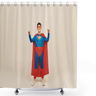 Personality  Happy Asian Boy In Red And Blue Superhero Costume With Cloak And Mask On Face Showing Strength Gesture While Celebrating Happy Children's Day On Grey Background  Shower Curtains