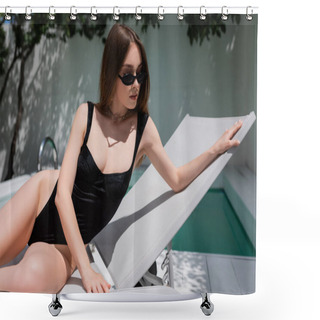 Personality  Trendy Woman In Black Swimsuit And Sunglasses Resting On Deck Chair At Resort  Shower Curtains
