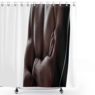 Personality  Cropped View Of Sexy Muscular Bodybuilder With Bare Torso Posing With Crossed Arms In Shadow Isolated On White, Panoramic Shot Shower Curtains