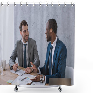 Personality  Smiling Businessmen Working At Table With Papers In Office Shower Curtains