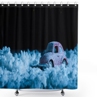 Personality  Close-up Shot Of Miniature Car Standing In Snow In Night Shower Curtains