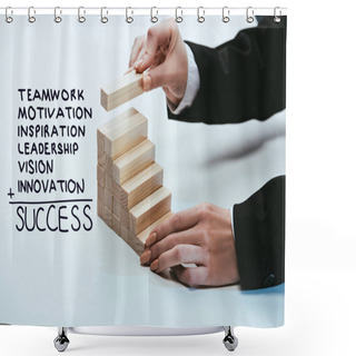 Personality  Cropped View Of Woman Building Wooden Career Ladder, Components Of Success On Foreground Shower Curtains