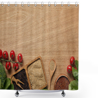 Personality  Top View Of White, Black And Red Quinoa In Wooden Bowls Near Tomatoes, Spinach Leaves And Broccoli Shower Curtains
