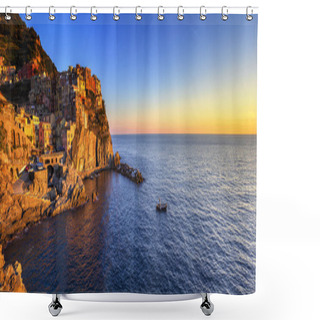 Personality  Manarola Village Panorama, Rocks And Sea At Sunset. Cinque Terre Shower Curtains