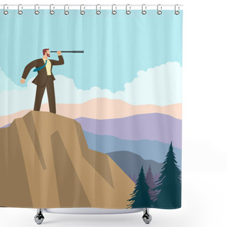 Personality  Businessman Using Telescope On Top Of The Mountain Shower Curtains