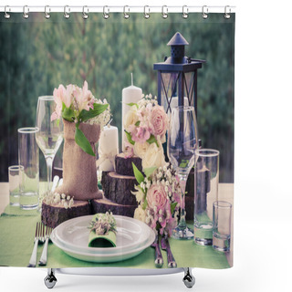 Personality  Wedding Table Setting In Rustic Style. Shower Curtains