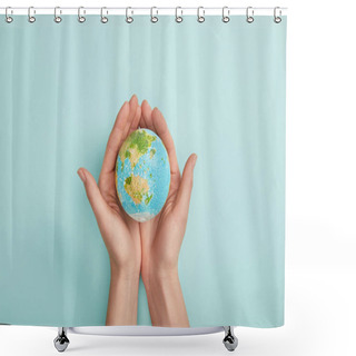 Personality  Top View Of Woman Holding Planet Model On Turquoise Background, Earth Day Concept Shower Curtains
