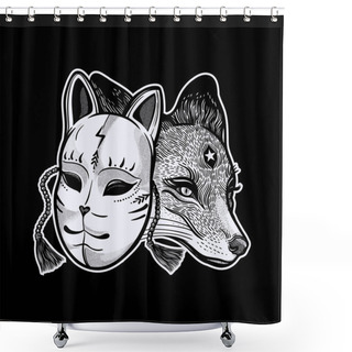 Personality  Japanese Mask Fox With Real Fox. Dreamy Magic Art. Night, Nature Symbol.Isolated Vector Art. Print On Poster, Card, Sticker, T-shirt. Shower Curtains
