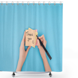 Personality  Cropped Person Holding Pen Above Colorful Sticky Notes With Thank You Lettering Isolated On Blue Background Shower Curtains