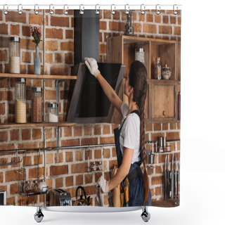 Personality  Young Repairwoman In Overall Touching Stove Hood At Kitchen Shower Curtains