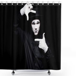 Personality  Mime Pretending Photographing Isolated On Black Shower Curtains