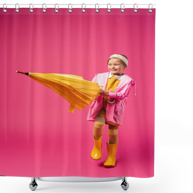 Personality  Full Length Of Happy Girl In Raincoat And Rubber Boots Standing With Umbrella On Crimson Shower Curtains