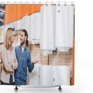 Personality  Smiling Boyfriend And Girlfriend Talking Near Boilers In Home Appliance Store  Shower Curtains