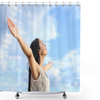Personality  Portrait Of A Beautiful Arab Woman Breathing Fresh Air With Raised Arms Shower Curtains