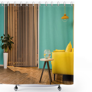 Personality  Yellow Sofa And Aquarium With Fish On Table In Living Room Shower Curtains