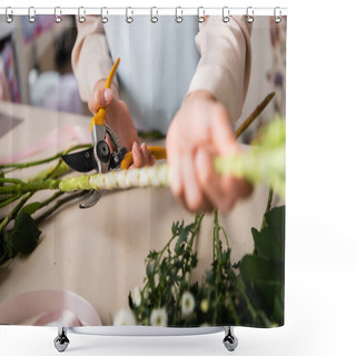 Personality  Close Up View Of Florist With Secateurs Cutting Stalk Of Plant Near Chrysanthemums On Desk On Blurred Foreground Shower Curtains