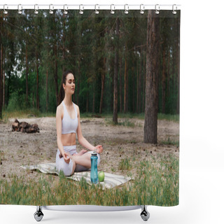 Personality  Peaceful Young Woman In Sportswear Sitting In Lotus Pose And Meditating On Yoga Mat  Shower Curtains