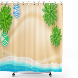 Personality  Palm Trees, Sun Umbrellas And Starfish On Seashore, 3D Illustration. Tropical Landscape With Blue Sea And Gold Sand, Top View. Poster Design Of Summer Vacation. Template For Travel Agency. Shower Curtains